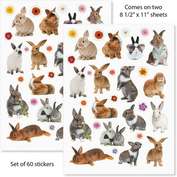Current Bunny and Flowers Easter Stickers - 60 Stickers, Two 8-1/2" x 11" Sheets