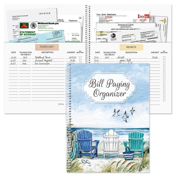 Current By The Sea Bill Paying Organizer Book - Personal Account book, 9" by 12 inch, Spiral-Bound, 14 Pockets, 32 Label Stickers, Bill Tracking