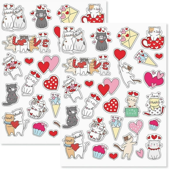 Current Cats and Hearts Stickers - Valentine's Day Stickers, 2-8.5 x 11 Sheets, Largest Measures 3-3/4"