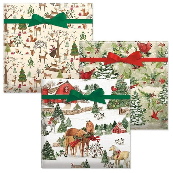 Current 3-Pack Jumbo Heavyweight Christmas Gift Wrap Paper Rolls, Each Roll 23" x 32', Horses, Cardinals, Forest