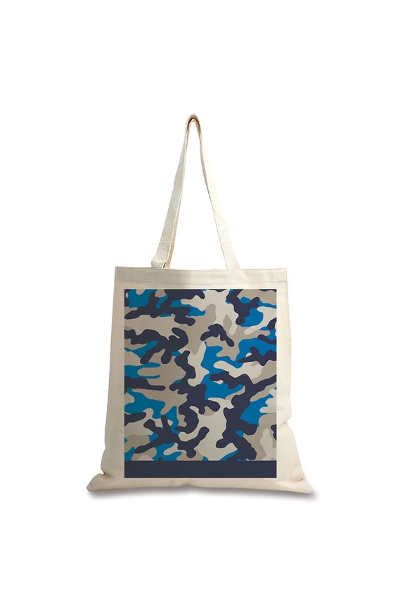 Cotton Canvas Tote - Blue Camo Design, 100% Cotton Fabric, 15 inch x 16 inch, Cute Bags for Kids