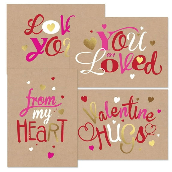 Current Deluxe Kraft Expressions Of Love Valentine's Day Greeting Cards - Set of 8 (4 Designs), 5 x 7 Inches, Seasonal, Sentiments Inside, Envelopes Included