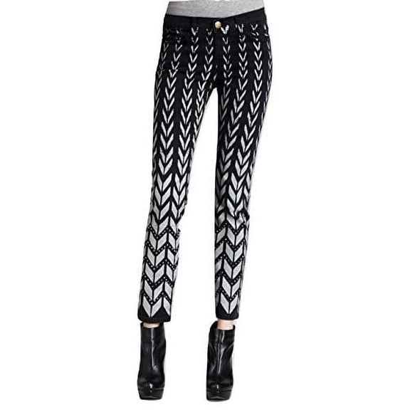 Current/Elliott The Ankle Skinny Rhinestone Chevron Jeans Pant, Black Chevron w/Rhinestones (26)