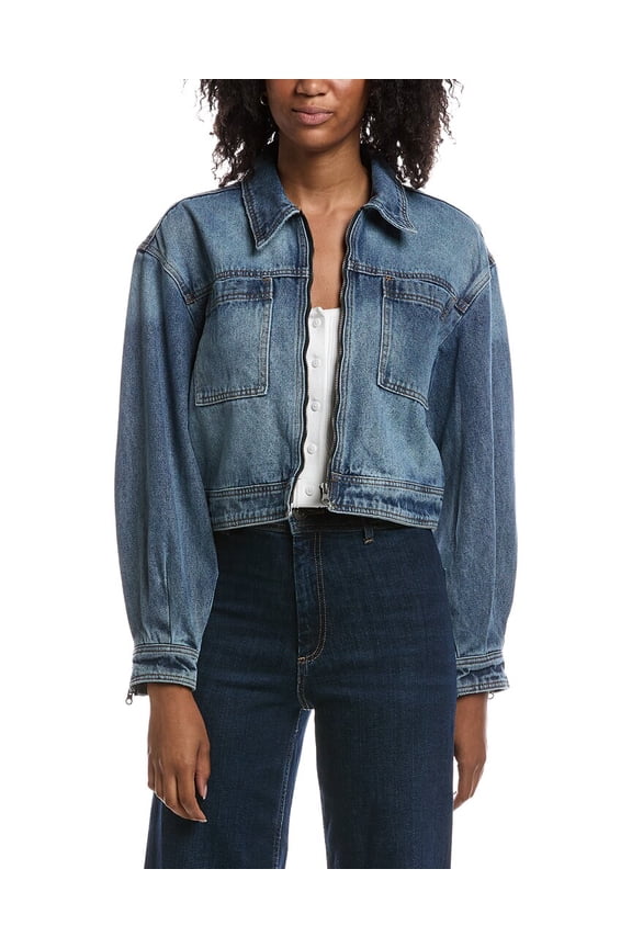 womens Blouson Sleeve Cropped Zip Up Denim Jacket, m, Blue