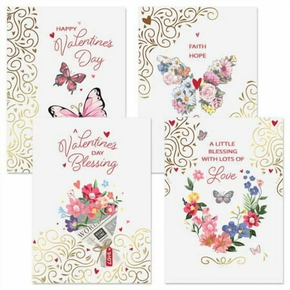 Current Faith Wishes Deluxe Valentine Greeting Card - Set of 8 (4 Designs), Large 5" x 7", Valentines Card with Sentiments Inside, includes Envelopes