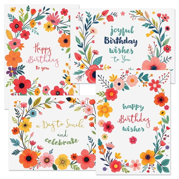 Current Floral Charm Birthday Cards, Set of 8, 2 each of 4 designs, Envelopes included, For Kids & Adults, Large 5" x 7" , Printed in the USA