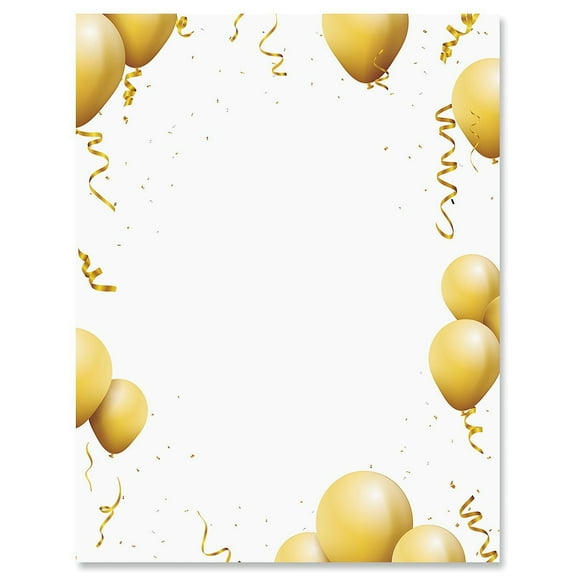 Current Gold Balloons Birthday Letter Papers - 25 Sheets, One-Sided Framed Letter Paper, 8.5x11"