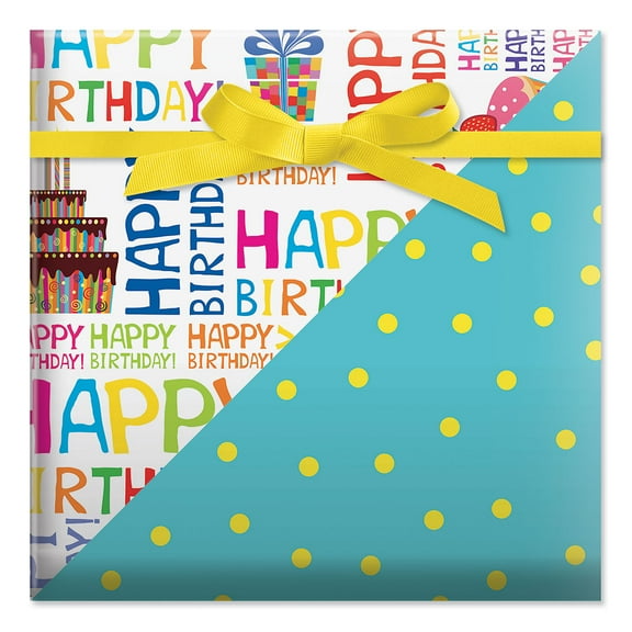 Current Happy Birthday Words & Dots Double-Sided Jumbo Rolled Gift Wrap, 23" x 32'