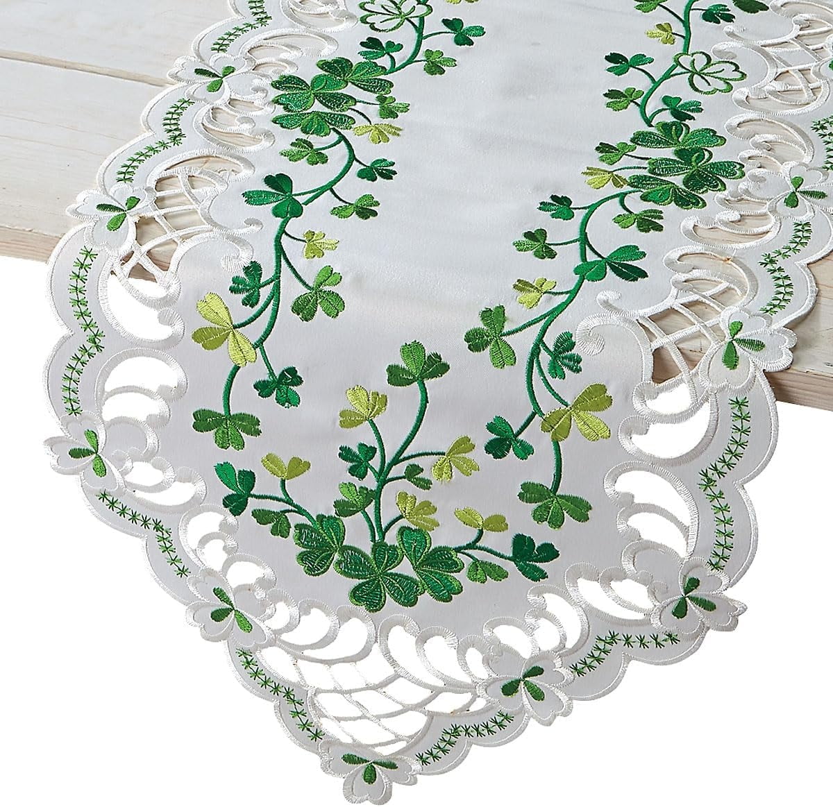Current Irish Shamrocks Cutwork Table Runner - 13" x 72" Table Linen, Embroidered with Cut-Work, Machine Wash/Dry
