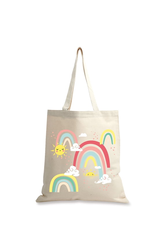 Kids Rainbow Natural Canvas Tote - 15" x 16"H Cotton Tote Handbag