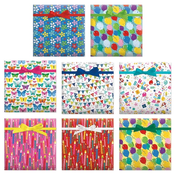 Current Colorful Birthday Flat Gift Wrap Sheets - Set of 8, Heavyweight 22" x 34”, Easy Storage