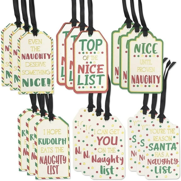 Current Naughty List To/From Gift Tags - Set of 18, 6 Designs, Ties Included, 2 1/4 x 4”