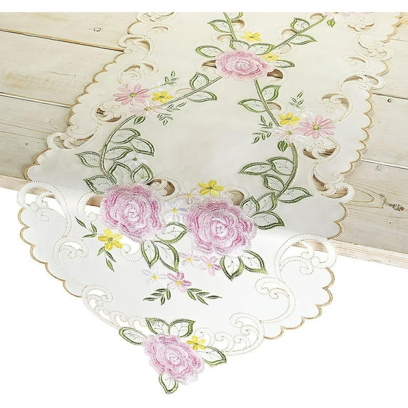 Current Rose Table Runner - 13 x 72-Inch Indoor & Outdoor Dining Decorations, Embroidered Home Decor, Holiday Centerpiece, Machine Washable Polyester