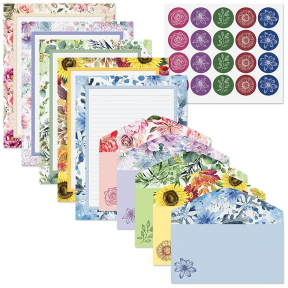 Current Set of 50 8.5 x 11" Multicolor Floral Stationery Letter Paper and Envelopes