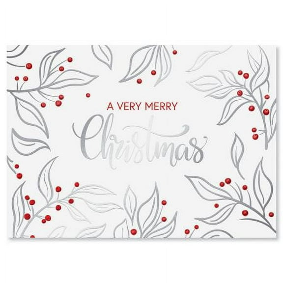 Current Silver Berries Deluxe Nonpersonalized Christmas Cards - Holiday Greeting Cards, Set of 14, Large 5" x 7", Envelopes Included, Foil Accents & Lettering