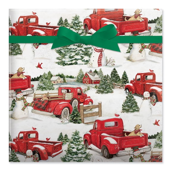 Current Red Truck & Snowmen Christmas Rolled Wrapping Paper - Premium Jumbo Roll 23-Inch x 32-Foot