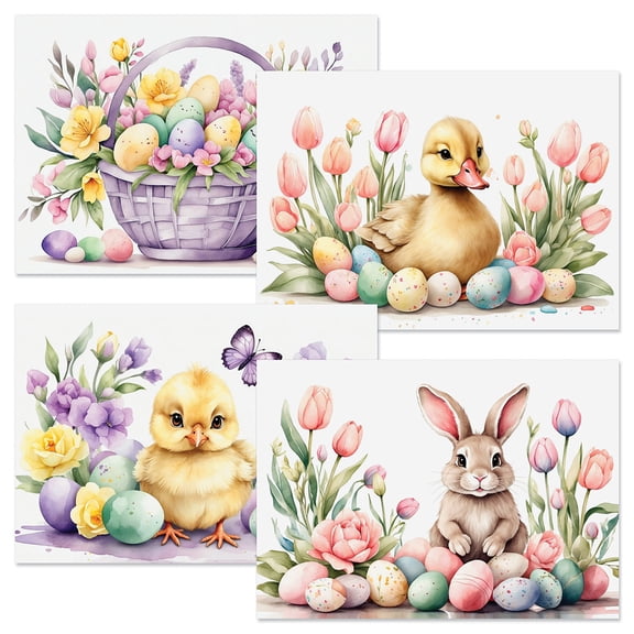 Current Watercolor Easter Cards, Set of 8, Printed in the USA, For Kids & Adults With White Envelopes, Large 5" x 7" Greetings