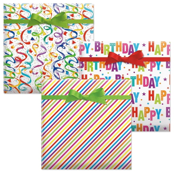Current 3-Pack Jumbo Heavyweight Christmas Gift Wrap Paper Rolls, Each Roll 23" x 32' Happy Birthday Confetti, Stripes, Blast