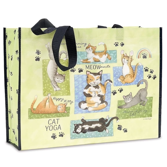 Current Yoga Cats Large Shopping Tote Bag -13" x 16" x 5" Reusable Durable Gift Bag, Lightweight, Eco-Friendly
