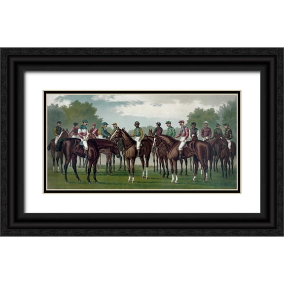 Currier and Ives 14x9 Black Ornate Wood Framed with Double Matting Museum Art Print Titled - Celebrated winning horses and jockeys of the American turf