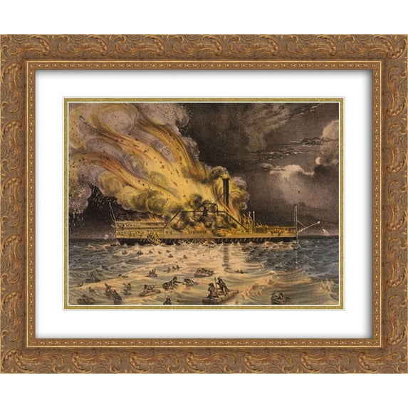 Currier and Ives 2x Matted 24x20 Gold Ornate Framed Art Print 'Awful conflagration of the steam boat Lexington in Long Island Sound on Monday eveg., Jany. 13th 1840'
