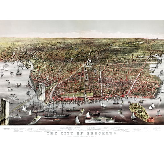 Currier Ives Brooklyn Bird's Eye View 1879 Map Extra Large XL Wall Art Poster Print
