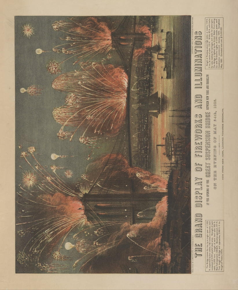 Currier & Ives Print 1883 Fireworks at opening of Brooklyn Bridge Canvas Art - (18 x 24)