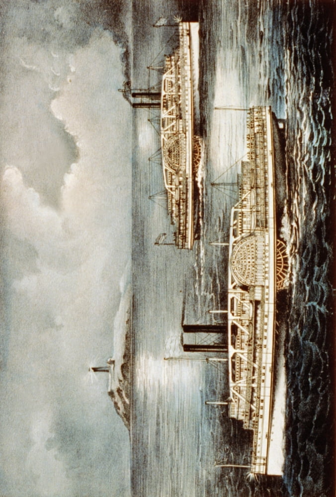 Currier & Ives Print c1856-1907 Steamboats passing at midnight on Long Island Canvas Art - (18 x 24)