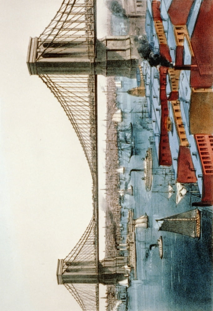 Currier & Ives Print c1872 Brooklyn Bridge Canvas Art - (18 x 24)