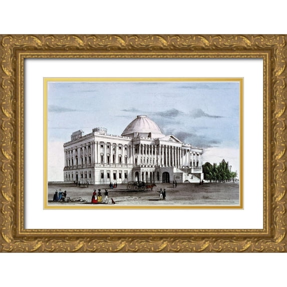 Currier, Nathaniel 14x10 Gold Ornate Wood Framed with Double Matting Museum Art Print Titled - Capitol at Washington, ca. 1835-1836
