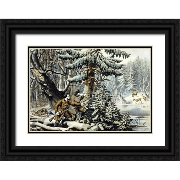 Currier, Nathaniel 18x14 Black Ornate Wood Framed with Double Matting Museum Art Print Titled - American Winter Sports - Deer Shooting on The Shattagee