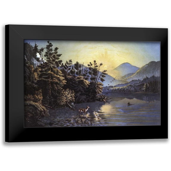 Currier and Ives 14x10 Black Modern Framed Museum Art Print Titled - Sunrise On Lake Saranac