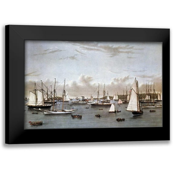 Currier and Ives 14x10 Black Modern Framed Museum Art Print Titled - Yacht Squadron - Newport