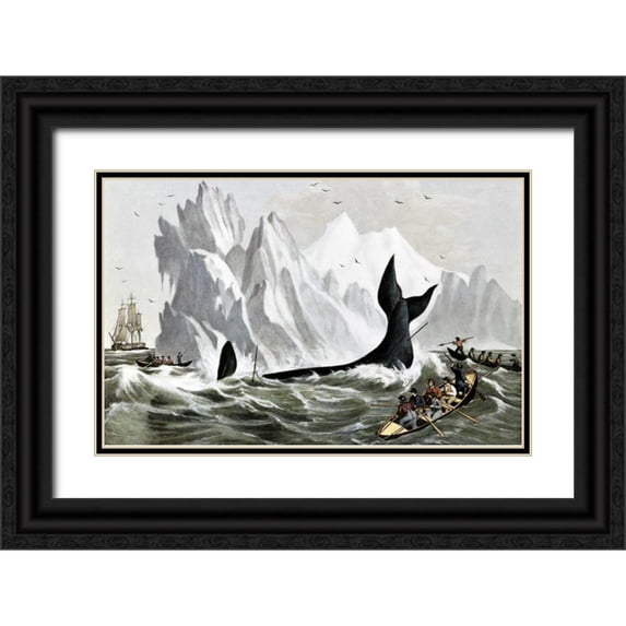 Currier and Ives 14x10 Black Ornate Wood Framed with Double Matting Museum Art Print Titled - Capturing The Whale