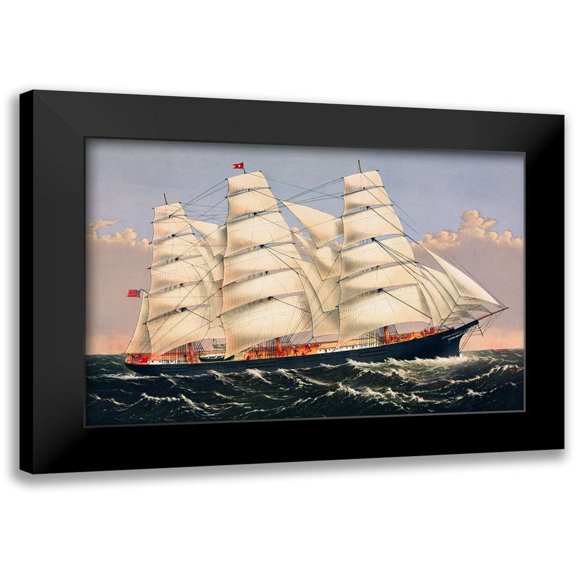 Currier and Ives 14x11 Black Modern Framed Museum Art Print Titled - Clipper Ship Three Brothers, the largest sailing ship in the world 