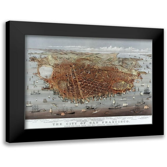 Currier and Ives 14x12 Black Modern Framed Museum Art Print Titled - The City of San Francisco; Birds Eye View from the Bay Looking South-West