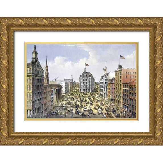 Currier and Ives 18x14 Gold Ornate Wood Framed with Double Matting Museum Art Print Titled - Broadway New York