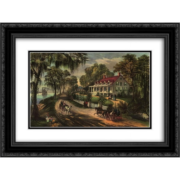 Currier and Ives 2x Matted 24x18 Black Ornate Framed Art Print 'A Home on the Mississippi'