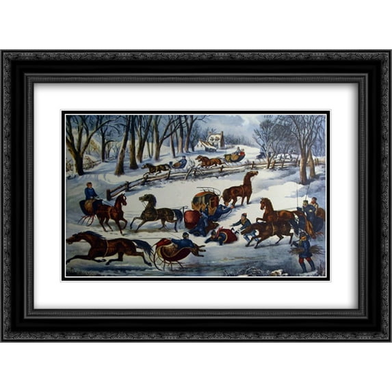 Currier and Ives 2x Matted 24x18 Black Ornate Framed Art Print 'A Spill Out' on the Snow '
