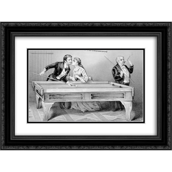 Currier and Ives 2x Matted 24x18 Black Ornate Framed Art Print 'Billiards. A Kiss '