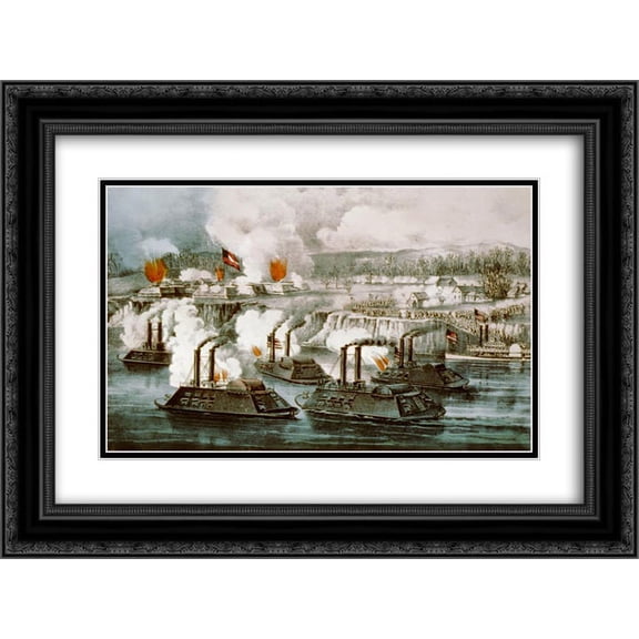 Currier and Ives 2x Matted 24x18 Black Ornate Framed Art Print 'Bombardment and capture of Fort Hindman, Arkansas Post, Ark. Jany 11th 1863'