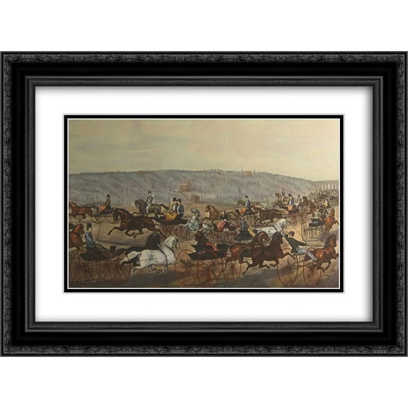 Currier and Ives 2x Matted 24x18 Black Ornate Framed Art Print 'Speeding on the Avenue '