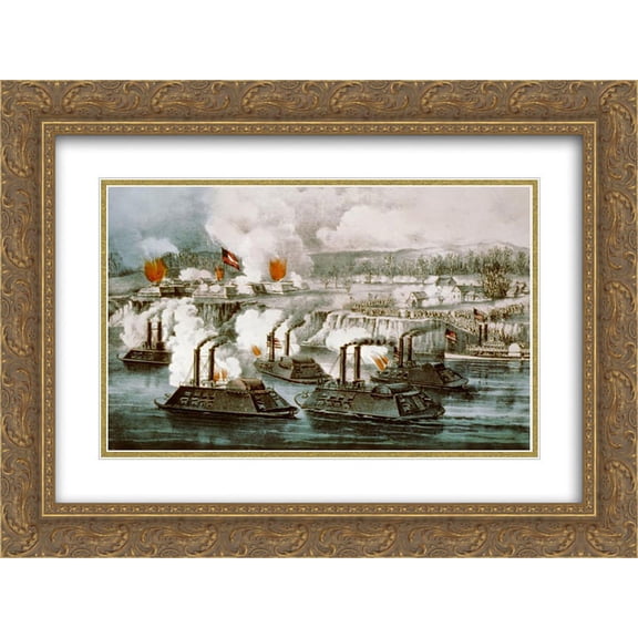 Currier and Ives 2x Matted 24x18 Gold Ornate Framed Art Print 'Bombardment and capture of Fort Hindman, Arkansas Post, Ark. Jany 11th 1863'