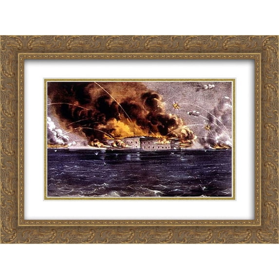 Currier and Ives 2x Matted 24x18 Gold Ornate Framed Art Print 'Sumter 1861'