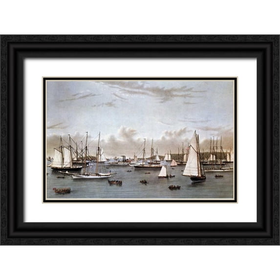 Currier and Ives 32x22 Black Ornate Wood Framed with Double Matting Museum Art Print Titled - Yacht Squadron - Newport