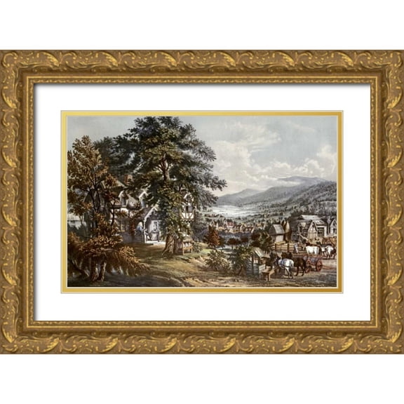 Currier and Ives 32x22 Gold Ornate Wood Framed with Double Matting Museum Art Print Titled - Home of Evangeline-Acadian Land