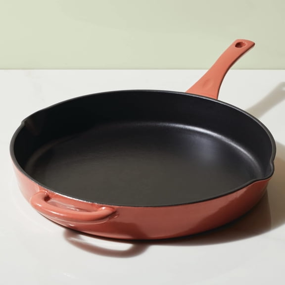 Curry Enameled Cast Iron Skillet 12 Inch Redwood Red with Helper Handle and Pour Spouts for Oven Stovetop Cooking