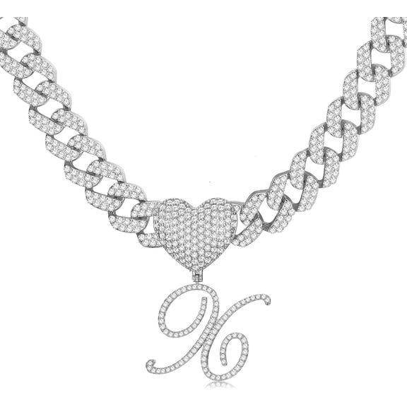 Cursive Gold Initial Pendant Necklace Iced Out Miami Cuban Link Chain For Women 18K Gold Plated Alphabet Letter Pendant Choker Hip Hop Chain Trendy Rapper Jewelry[o1688]