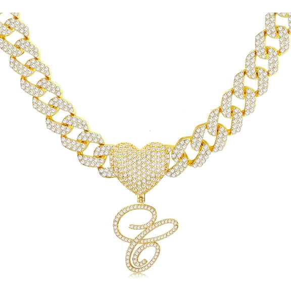 Cursive Gold Initial Pendant Necklace Iced Out Miami Cuban Link Chain For Women 18K Gold Plated Alphabet Letter Pendant Choker Hip Hop Chain Trendy Rapper Jewelry[o1707]