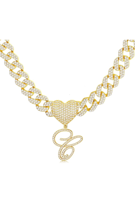 Cursive Gold Initial Pendant Necklace Iced Out Miami Cuban Link Chain For Women 18K Gold Plated Alphabet Letter Pendant Choker Hip Hop Chain Trendy Rapper Jewelry[o1707]